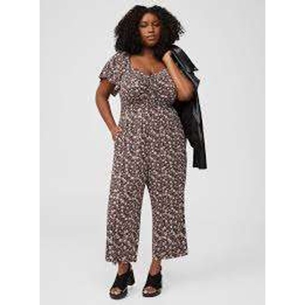 Torrid Jumpsuit Womens 3X Black Pink Floral Smocked Wide Leg Short Sleeve 156s